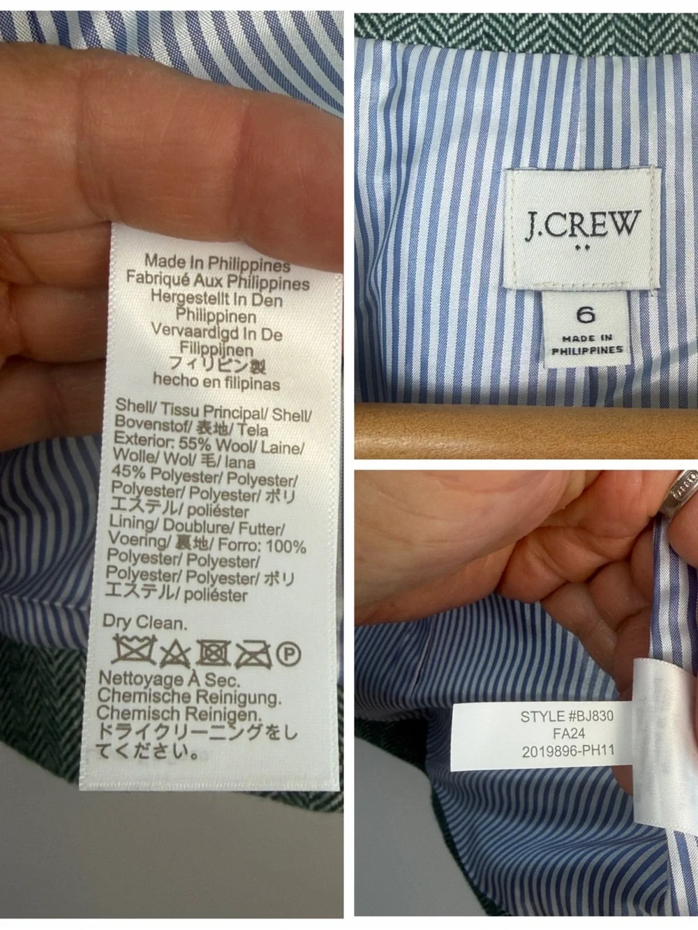 J. Crew FA24 Hollander Blazer Wool Blend in Green Herringbone Office Preppy Work